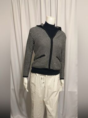 Talbots Petites Black White Textured Knit Zip Up Cardigan Sweater P Small